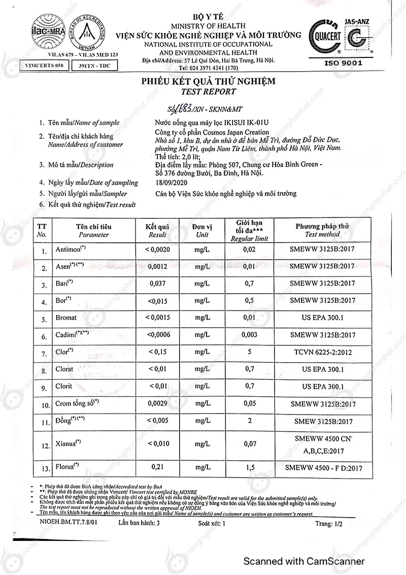 Kết quả xét nghiệm chất lượng nước qua bộ lọc IKISUI