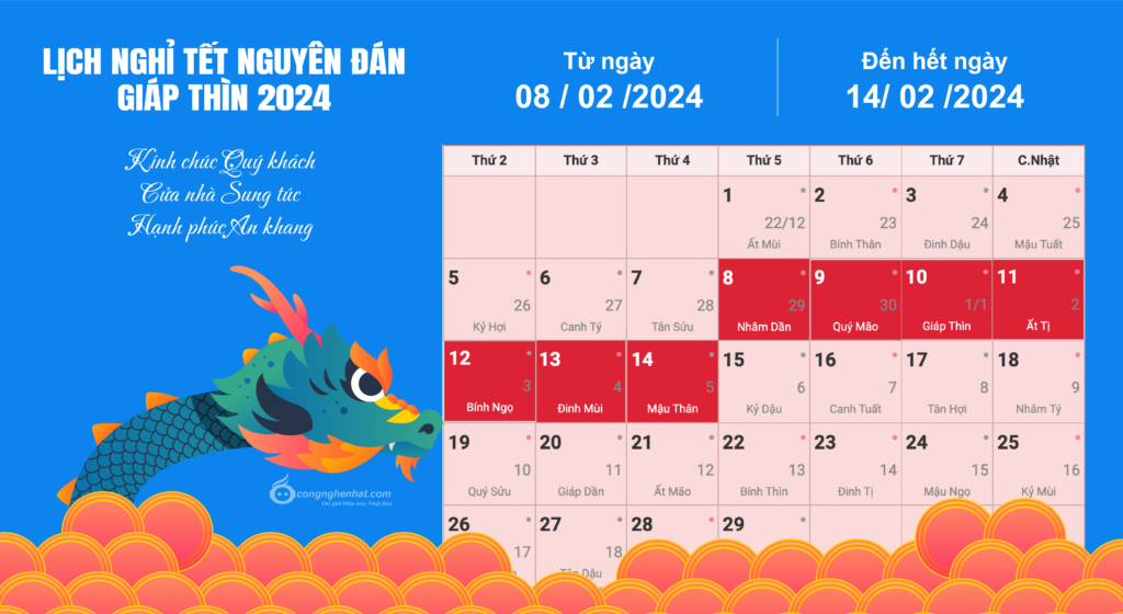 Lịch nghỉ Tết Nguyên Đán Giáp Thìn 2024