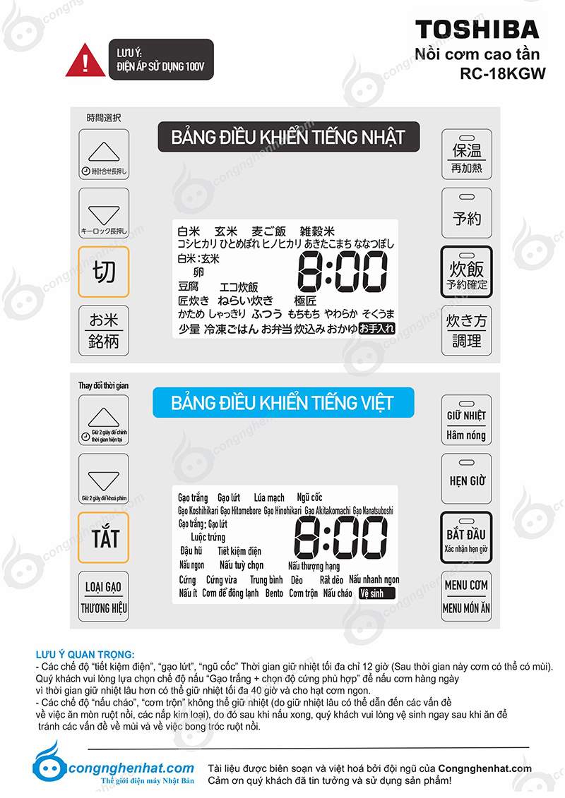 Hướng dẫn sử dụng nồi cơm điện cao tần Toshiba RC-18KGW Hướng dẫn sử dụng Toshiba RC-18KGW